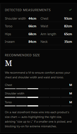 GarmCheck detected body measurements and recommended size