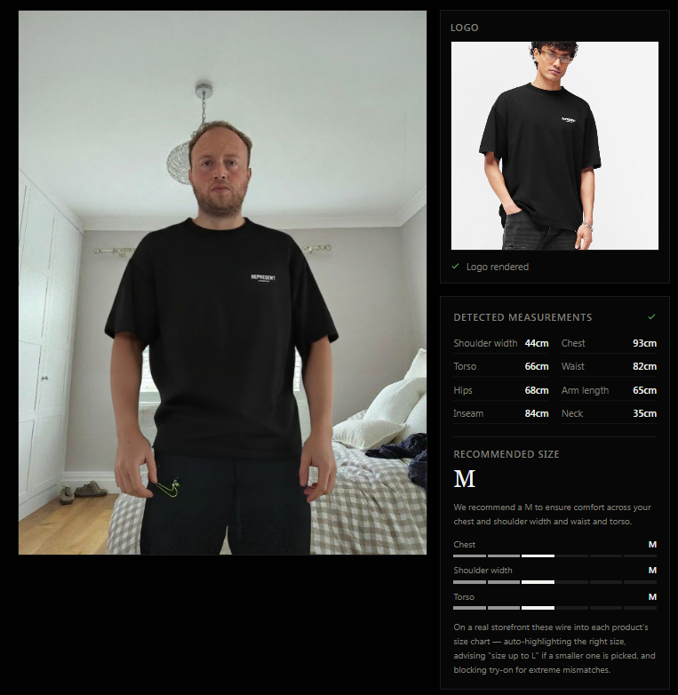 Actual GarmCheck try-on result with measurements panel